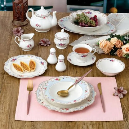 Romantic Bloom 57-Piece Bone China Dinnerware Set Service for 8 Floral with Blue and Gold Trim