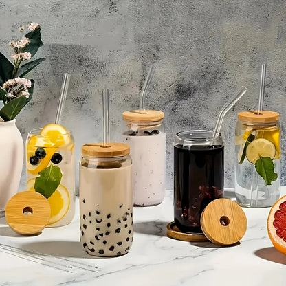6pcs 18.6oz  Drinking Glasses with Bamboo Lid and Glass Straw