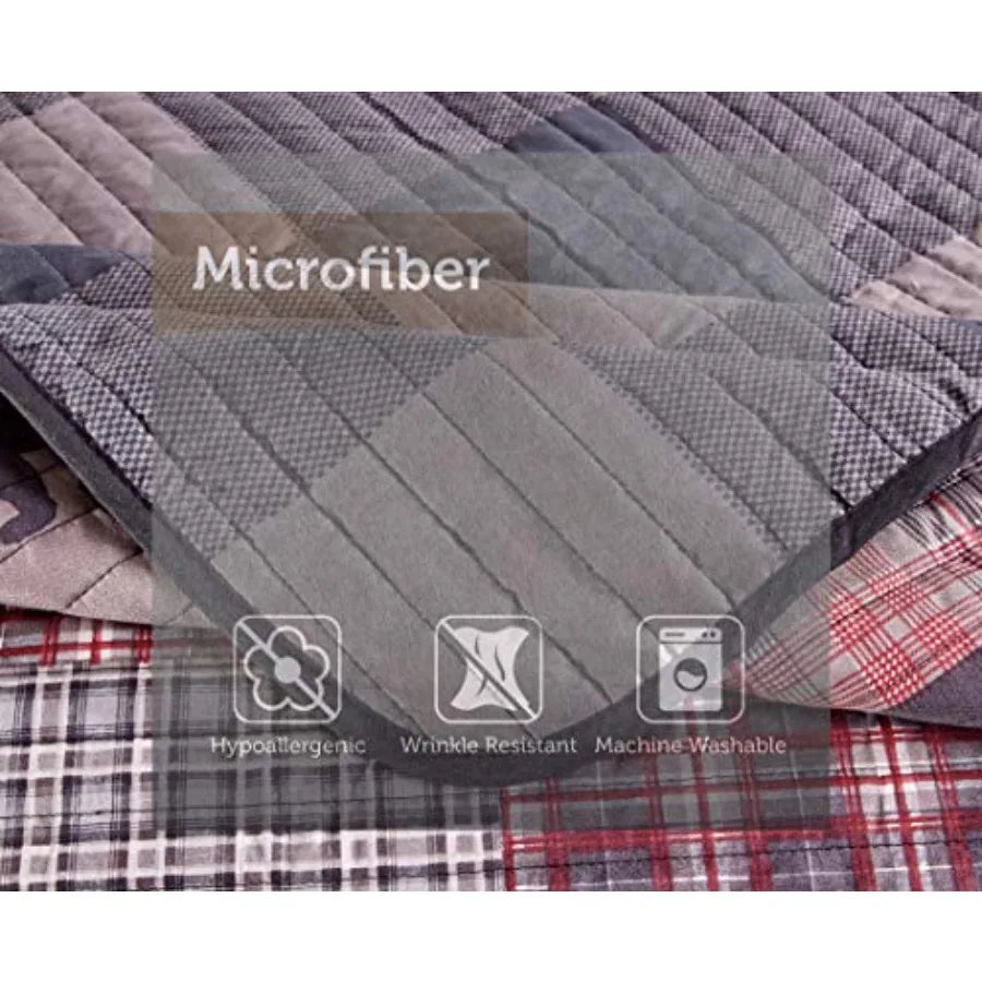 Log Cabin Lodge Quilted Reversible Plaid Bear Patchwork Bed Set -