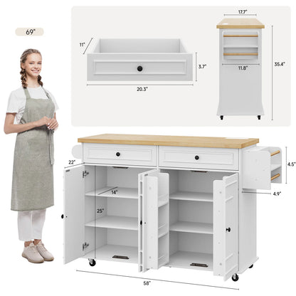 60" Mobile Kitchen Island Table Drop Leaf Carts with Power Outlet