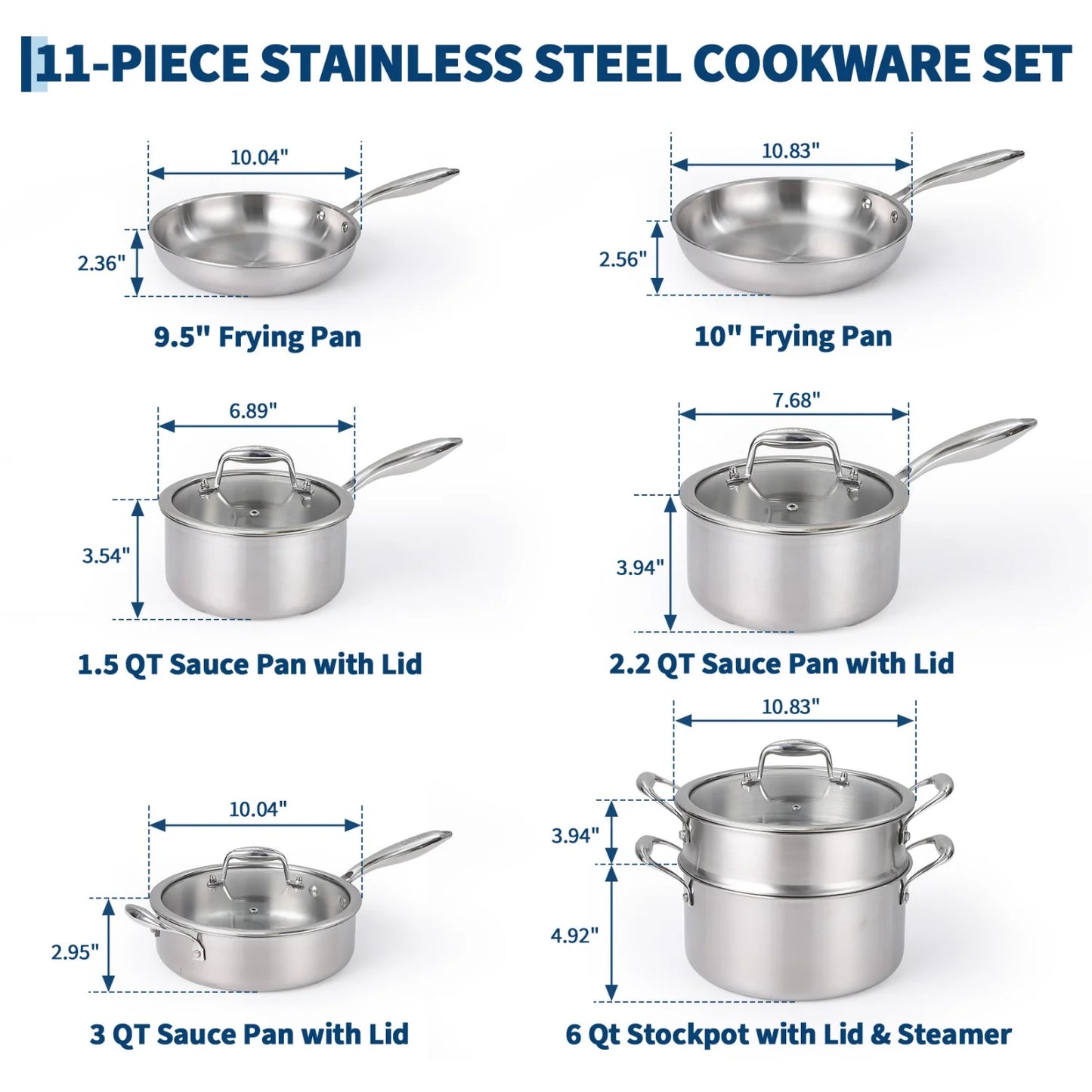 Stainless Steel 11-Piece Cookware Set with Lids, Frying Pans, Saute Pan & Stock Pot