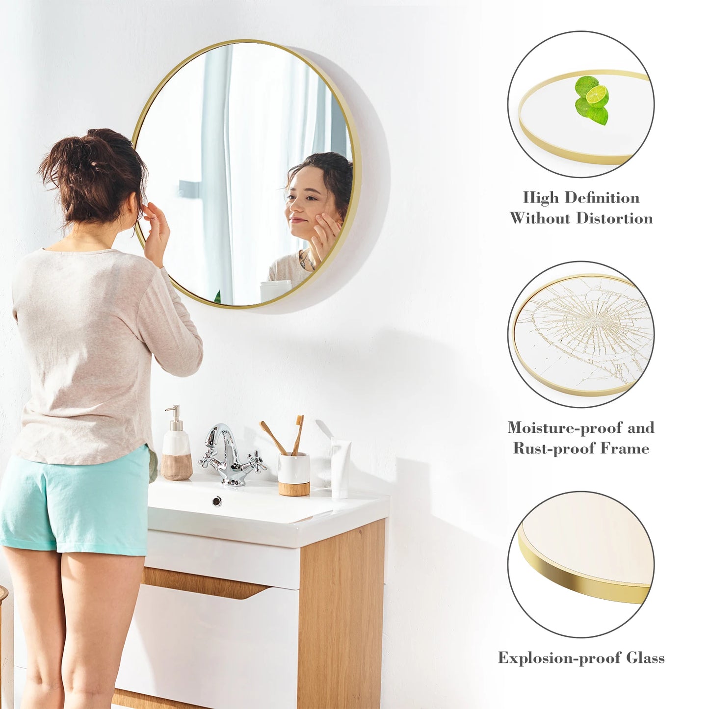 JHK 30 Inch Large Gold Round Vanity Framed Mirror Tempered Glass Bedroom Living Room