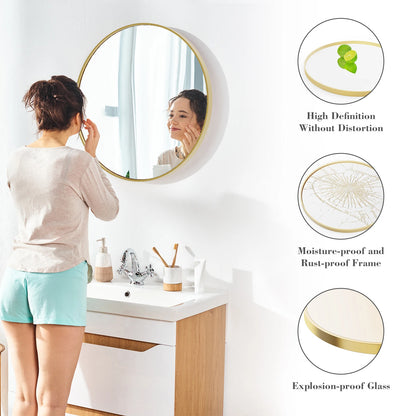 JHK 30 Inch Large Gold Round Vanity Framed Mirror Tempered Glass Bedroom Living Room