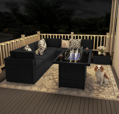 8 Pieces Patio Furniture Set with 44" Propane  Conversation Sofa Sets