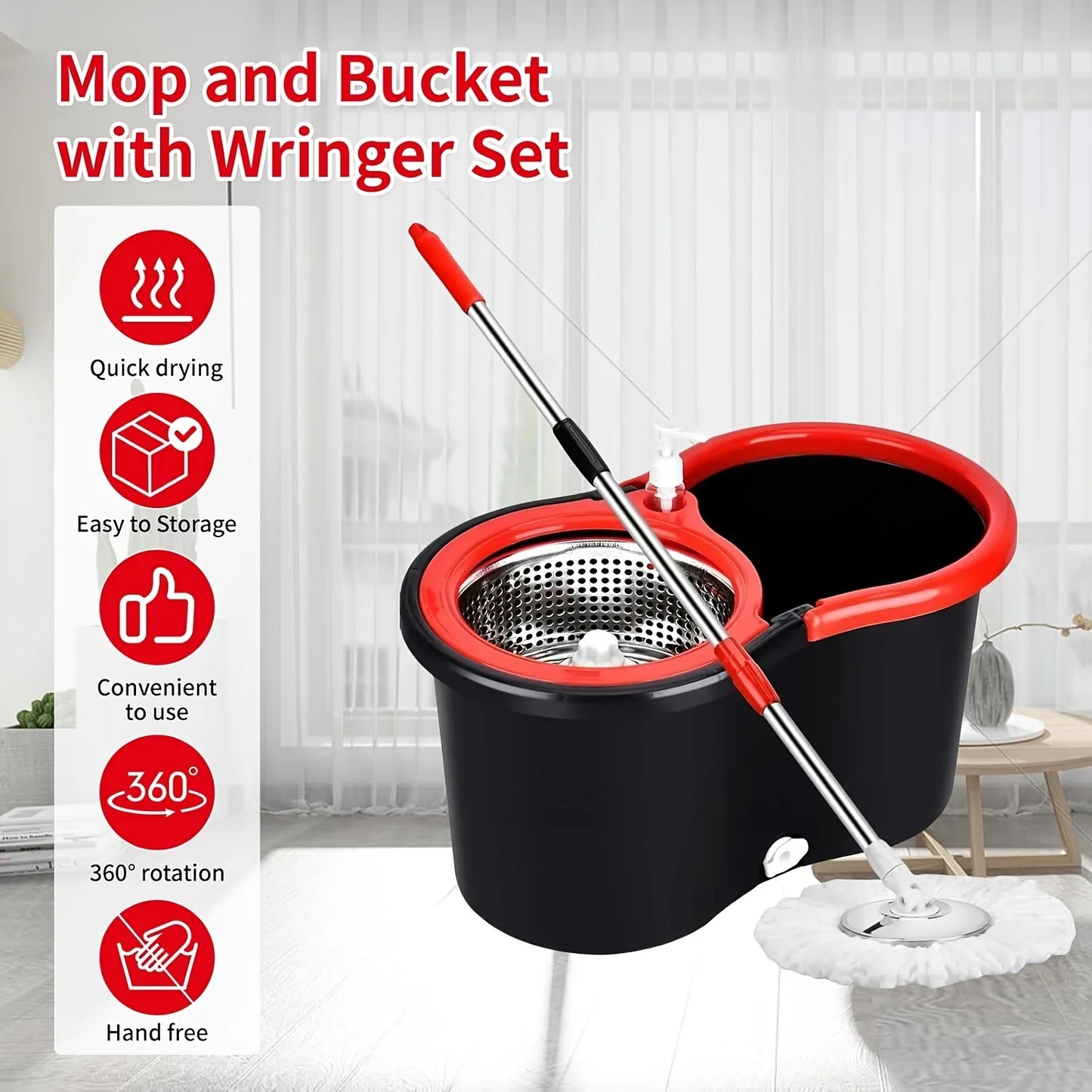Spin Mop & Bucket System – Adjustable Handle & 3 Mop Heads