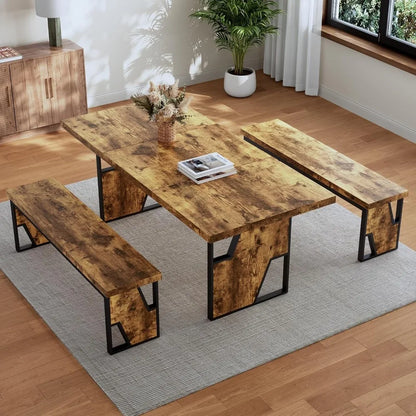 70.8" Wooden Dining Table with 2 Benches,  Set for 4-6 Person,