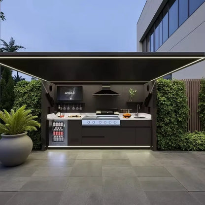 Garden Kitchen with Modular Cabinets and Grill Island   LED light