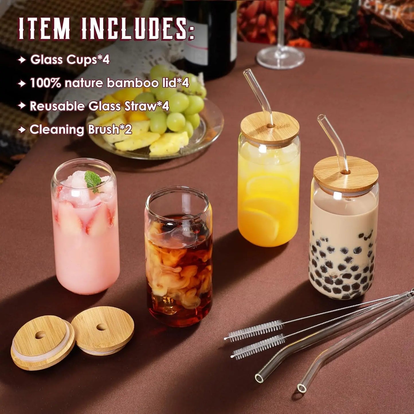 4Pcs 18.6Oz   Drinking Glasses  Bamboo Lids and Glass Straws,