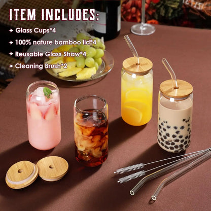 4Pcs 18.6Oz   Drinking Glasses  Bamboo Lids and Glass Straws,