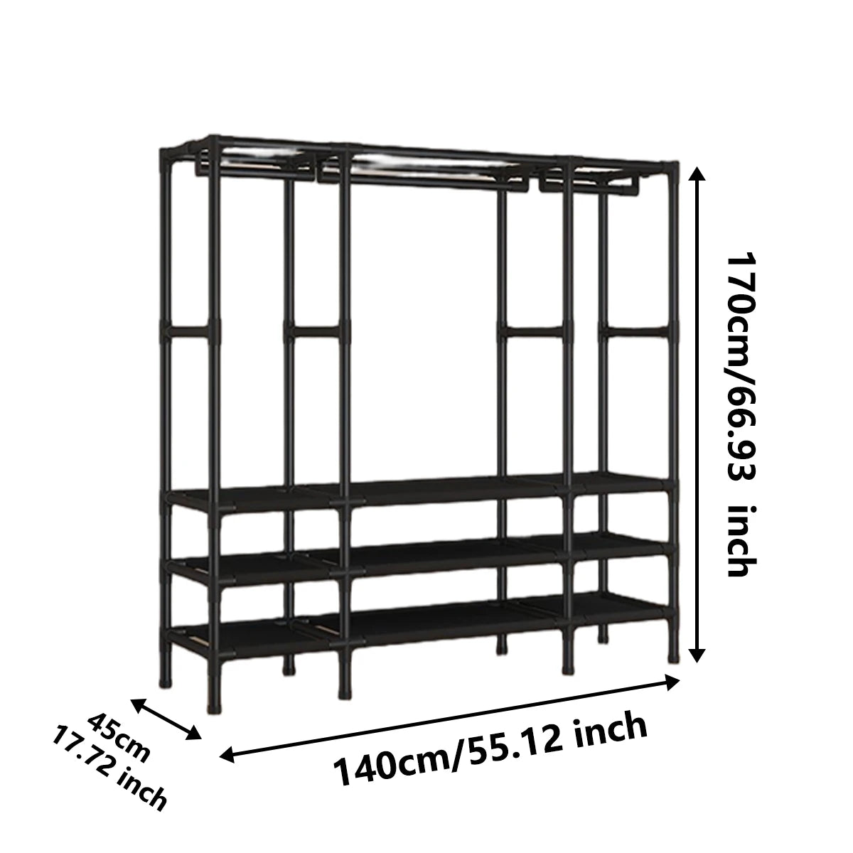 Portable Wardrobe, 55-inch Sliding Curtain Three Hanger Racks for Clothes