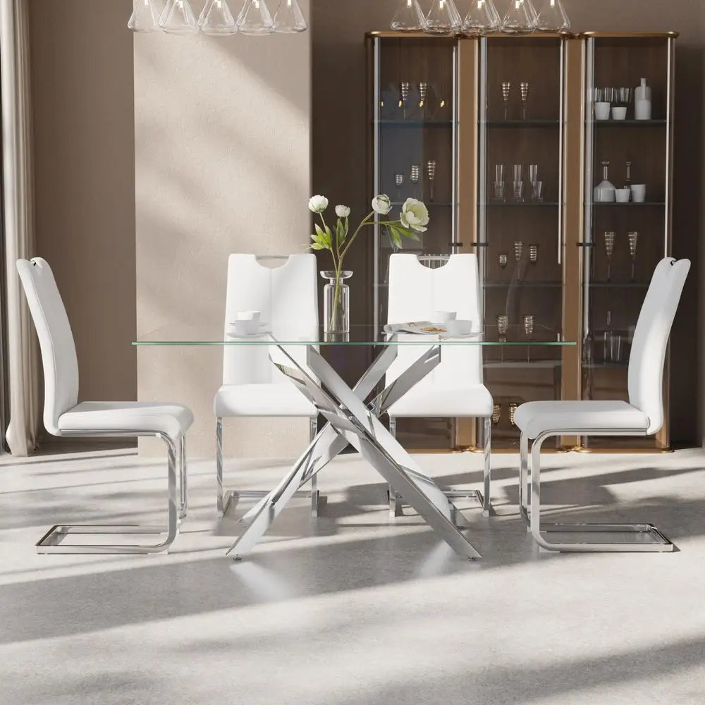 Dining Table Set for 4, Modern Rectangular Glass Table with 4 Upholstered Leather chairs