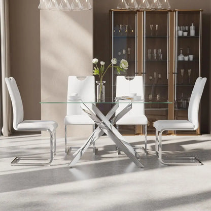 Dining Table Set for 4, Modern Rectangular Glass Table with 4 Upholstered Leather chairs