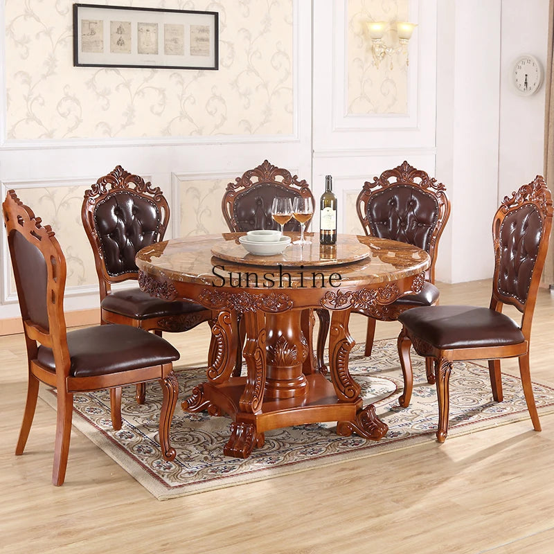 Dining table and chair combination solid wood marble round table with turntable
