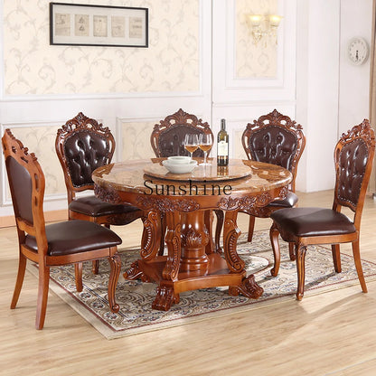 Dining table and chair combination solid wood marble round table with turntable