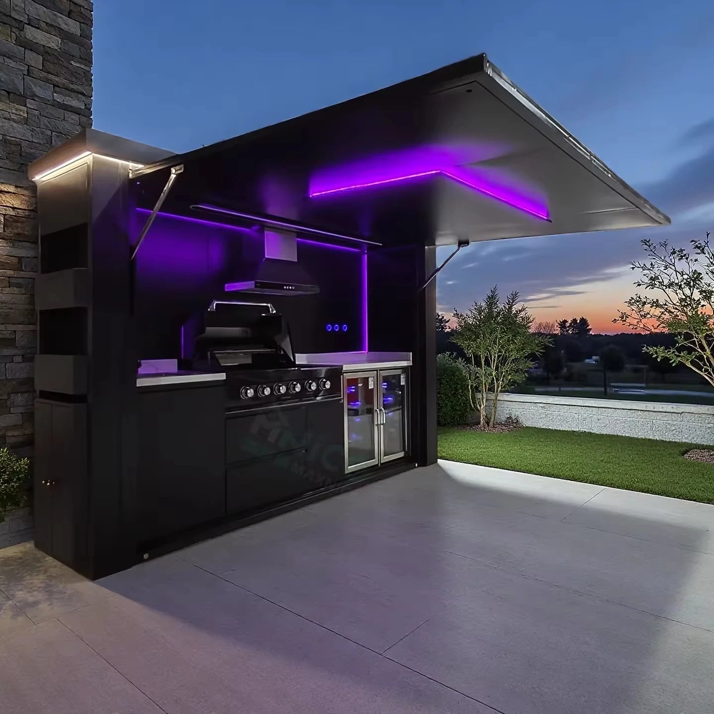 Garden Kitchen with Modular Cabinets and Grill Island   LED light