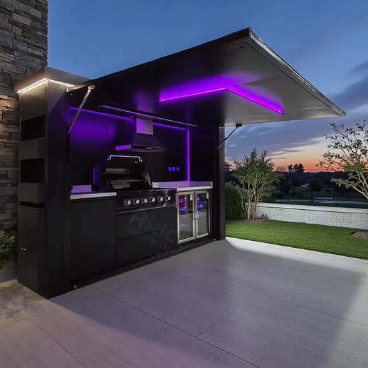 Garden Kitchen with Modular Cabinets and Grill Island   LED light