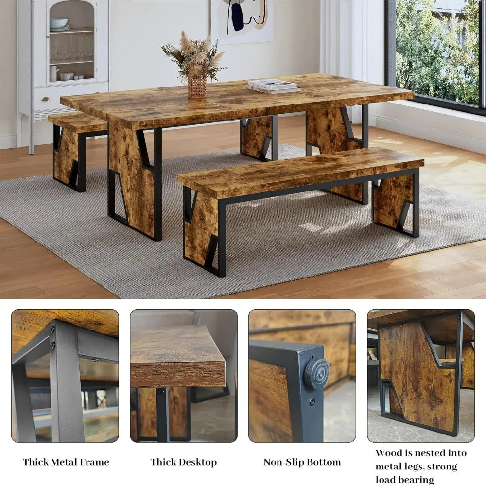 70.8" Wooden Dining Table with 2 Benches,  Set for 4-6 Person,