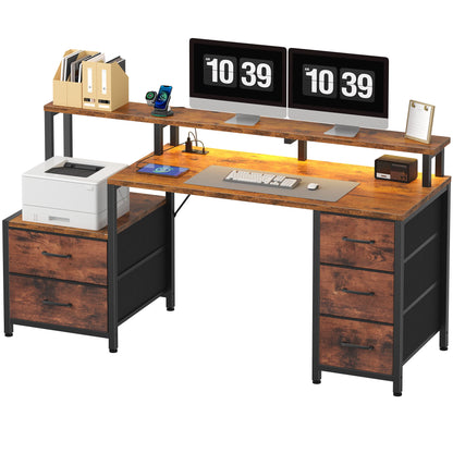 JHK 67In Desk with 5 Storage Drawers LED Lights Power Outlets