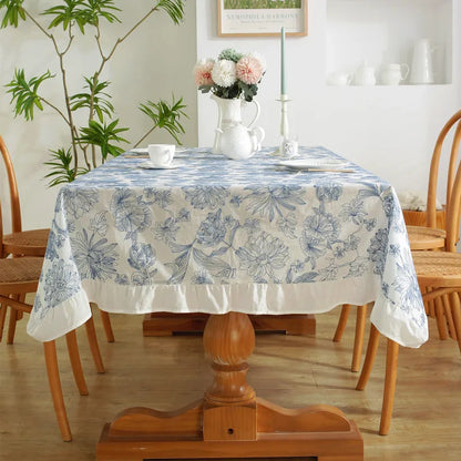 Cotton Table Cloth Waterproof Oilproof  Blue and White Porcelain Embroidery Table Cover