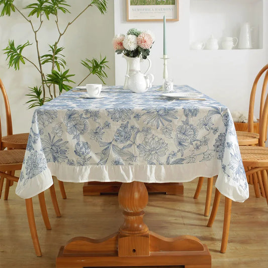 Cotton Table Cloth Waterproof Oilproof  Blue and White Porcelain Embroidery Table Cover