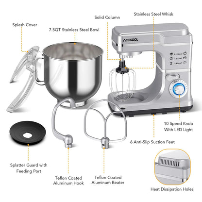 7.5Qt Electric Dough Mixer, Tilt-Head  With Stainless Steel Bowl & Attachments