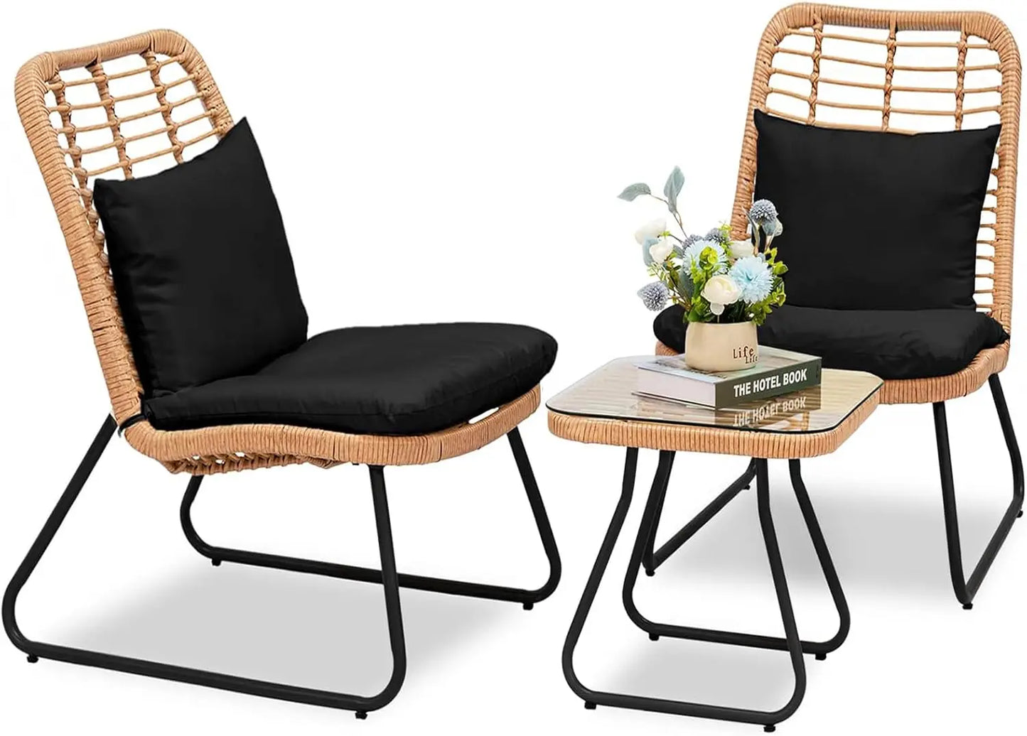 3 Piece Outdoor Wicker Bistro Set, w/2  Rattan Chairs and Tempered Glass Table,