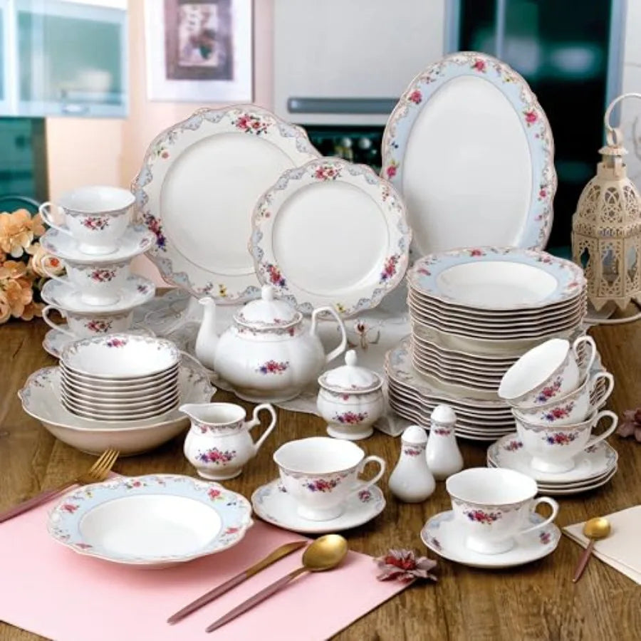 Romantic Bloom 57-Piece Bone China Dinnerware Set Service for 8 Floral with Blue and Gold Trim