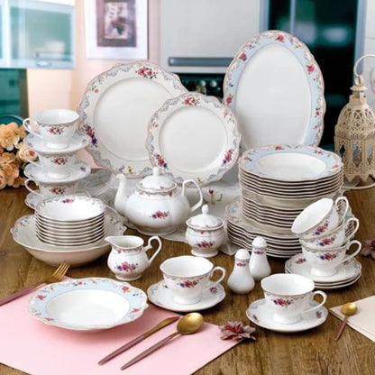 Romantic Bloom 57-Piece Bone China Dinnerware Set Service for 8 Floral with Blue and Gold Trim