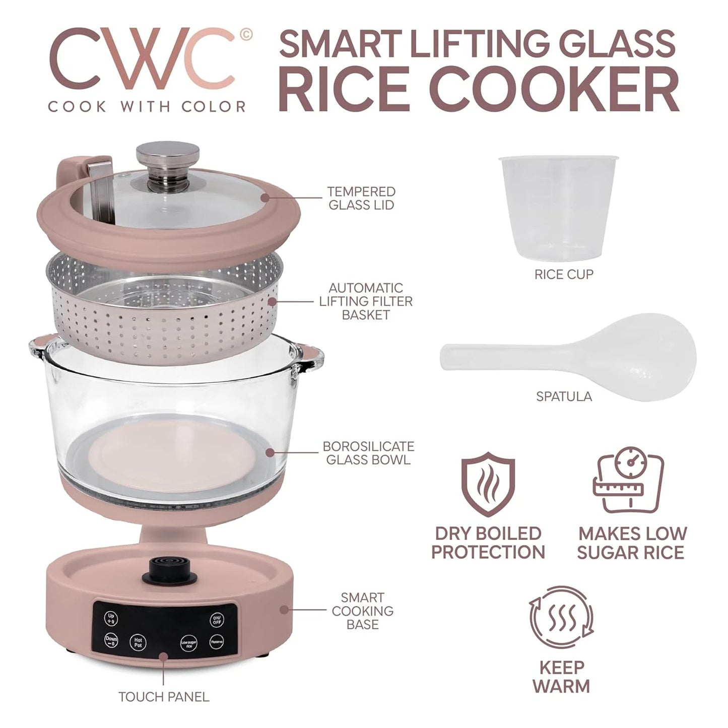 Glass Low Carb Rice Cooker Auto Lift Filter Basket