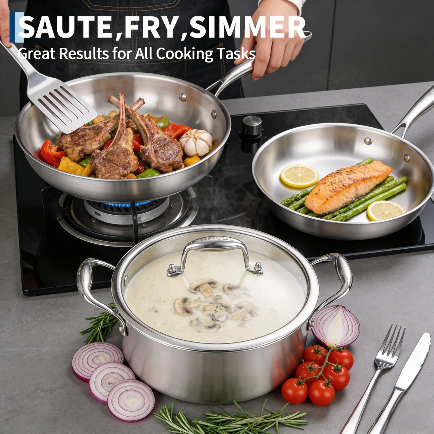 Stainless Steel 11-Piece Cookware Set with Lids, Frying Pans, Saute Pan & Stock Pot