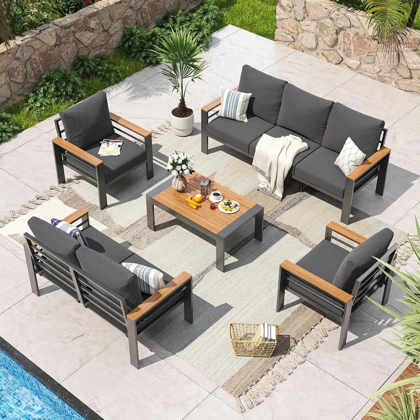 Aluminum  Furniture Set 7 Seats,  Sectional with Washable Cushions, Coffee Table