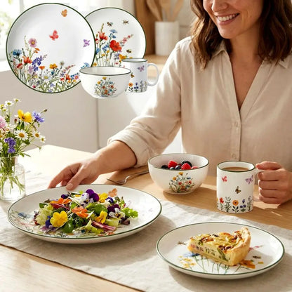 16 Pcs Wildflower Ceramic Dinnerware Set Floral Dish Set Spring Butterfly