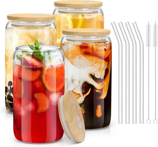 4Pcs 18.6Oz   Drinking Glasses  Bamboo Lids and Glass Straws,