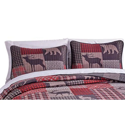 Log Cabin Lodge Quilted Reversible Plaid Bear Patchwork Bed Set -