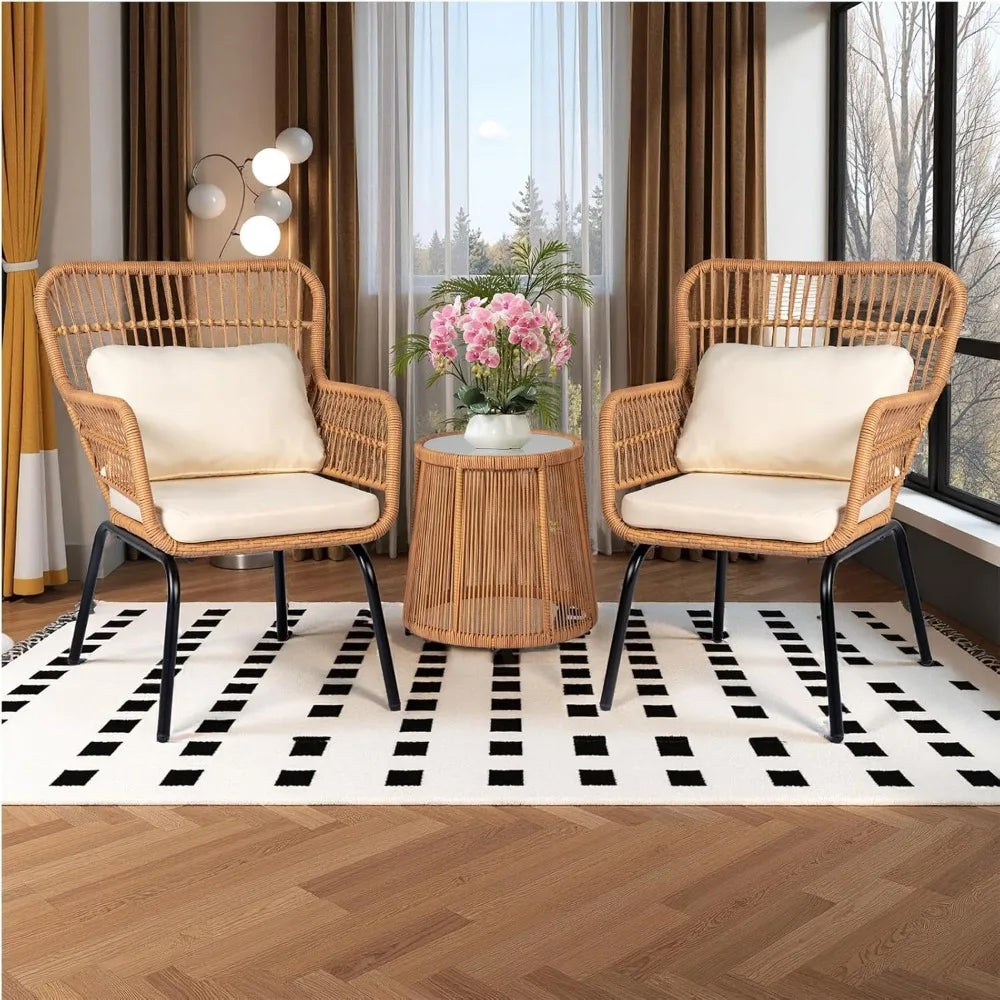 3 Piece Outdoor Wicker Bistro Set, w/2  Rattan Chairs and Tempered Glass Table,