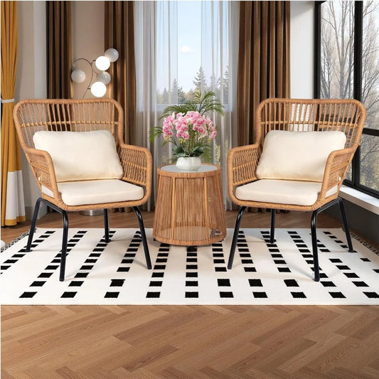 3 Piece Outdoor Wicker Bistro Set, w/2  Rattan Chairs and Tempered Glass Table,