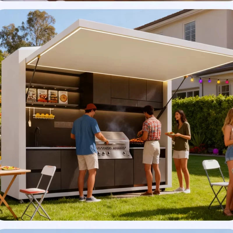 Garden Kitchen with Modular Cabinets and Grill Island   LED light