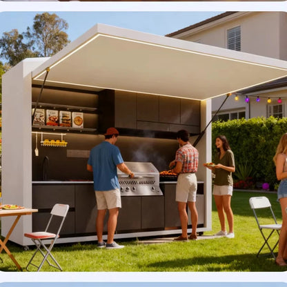 Garden Kitchen with Modular Cabinets and Grill Island   LED light
