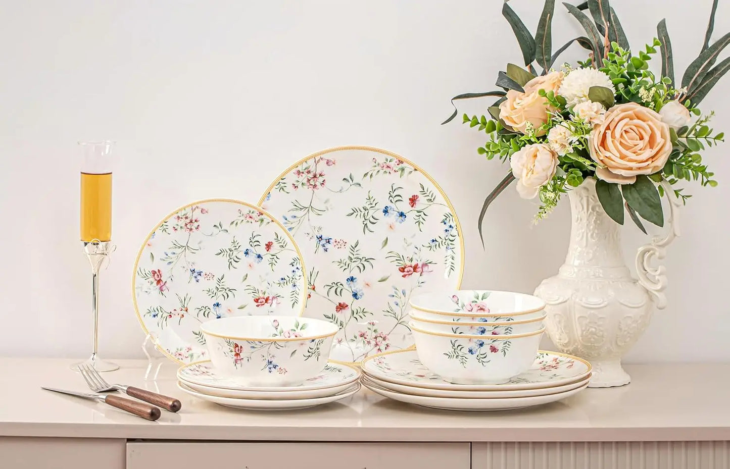 Bone China 12-Pieces Dinnerware Sets,  Chip and Crack Resistant, Dishwasher & Microwave Safe