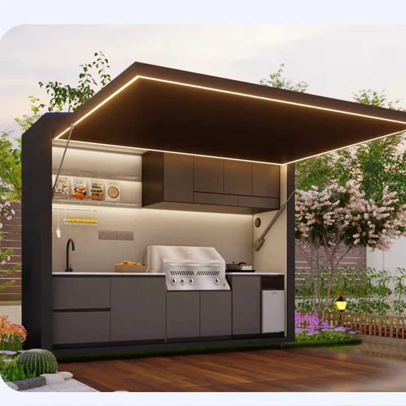 Garden Kitchen with Modular Cabinets and Grill Island   LED light