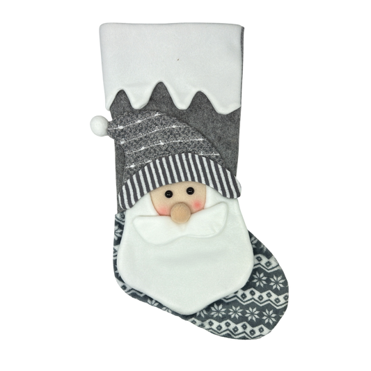 Fabric Santa Stocking - Gray and White