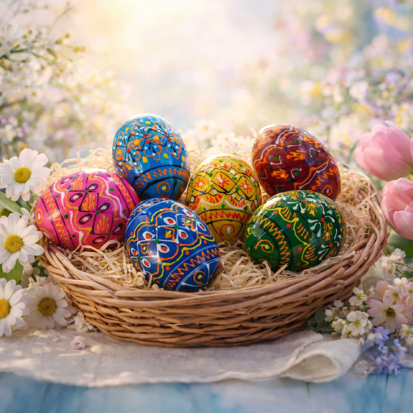 Set of 6 Miniature Ukrainian Wooden Easter Eggs Pysanky 1.5 Inches