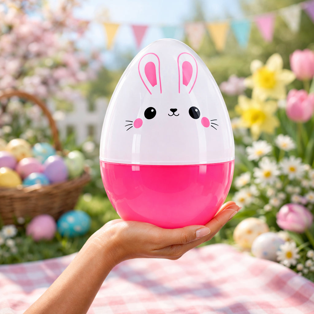 Large Bunny Giant Jumbo Size White and Pink Plastic Easter Egg 10 Inches